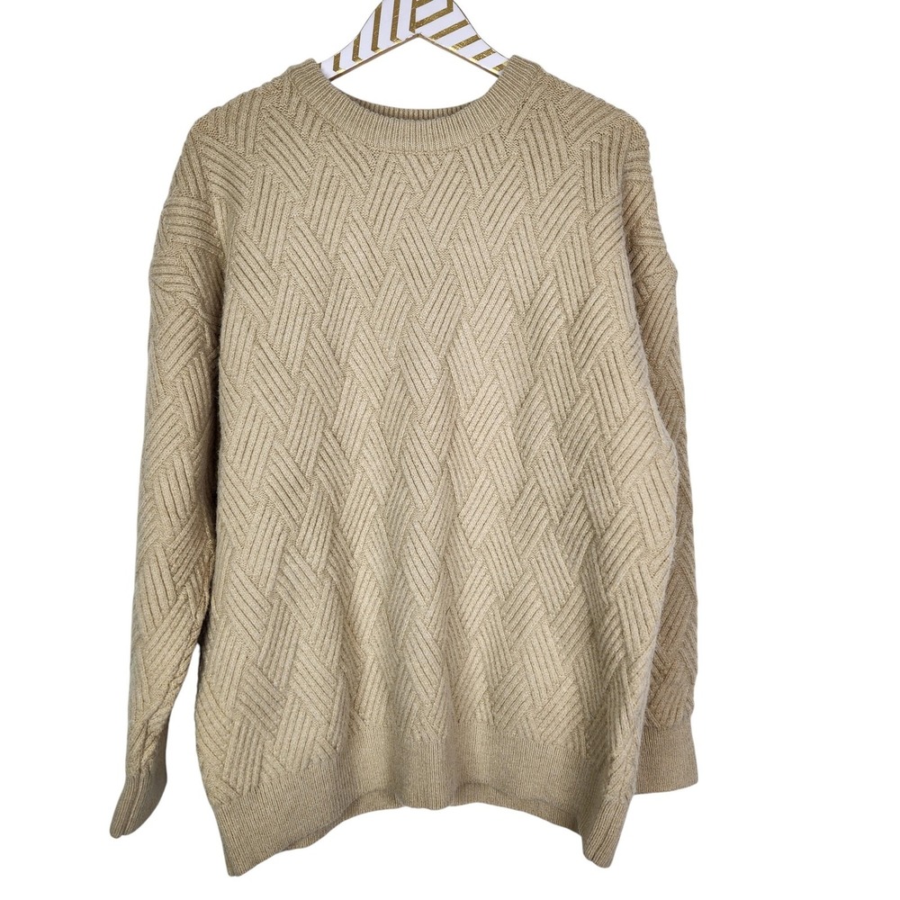 ELFRIC‎ EDEN Sweater Womens Large Beige Oversize Herringbone Crewneck Fisherman